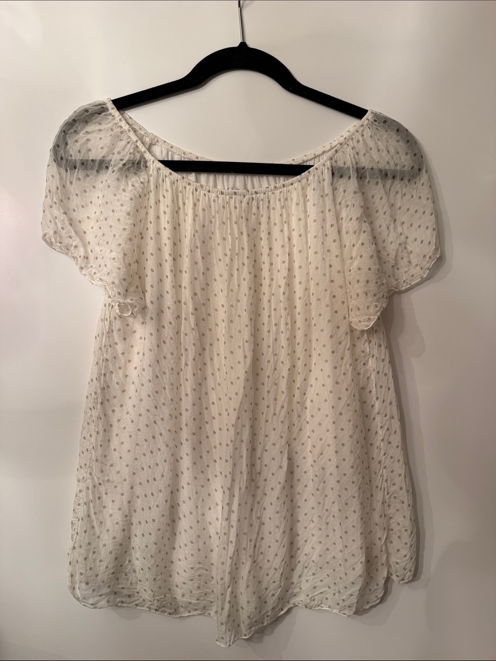 Silk Sheer Cream Dot Peasant Blouse with Flutter Sleeves